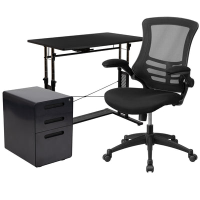 Work From Home Kit - Adjustable Computer Desk, Ergonomic Mesh Office Chair and Locking Mobile Filing Cabinet with Inset Handles