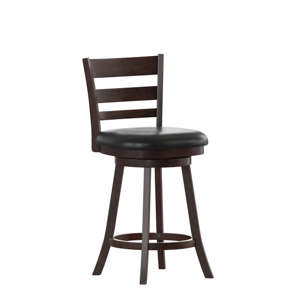 Black Vinyl/Espresso Frame |#| Commercial Wooden Swivel Counter Stools - Espresso/Black LeatherSoft