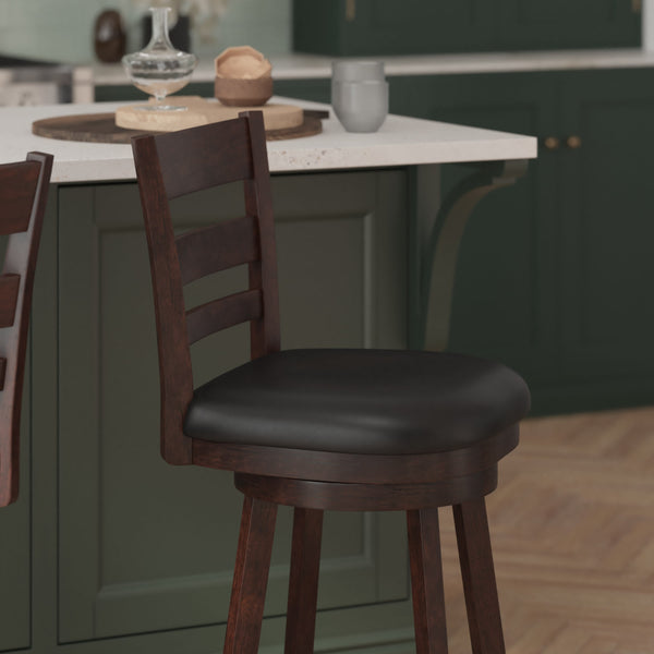 Black Vinyl/Espresso Frame |#| Commercial Wooden Swivel Counter Stools - Espresso/Black LeatherSoft