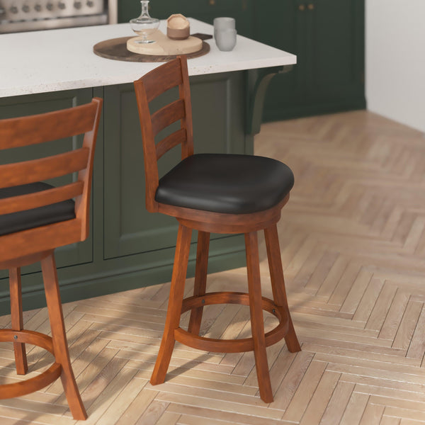 Black Vinyl/Antique Oak Frame |#| Commercial Wooden Swivel Counter Stools - Antique Oak/Black LeatherSoft