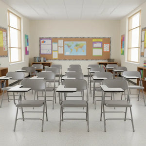 Empty classroom with desks and chairs arranged in rows, windows on either side.