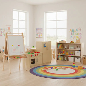 Children's playroom with colorful rug, toys, and educational materials.
