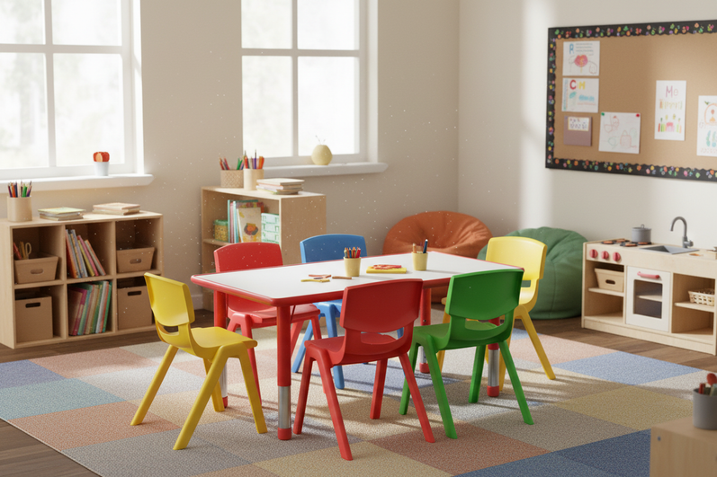 Wide Classroom Scene with Activity Table Set