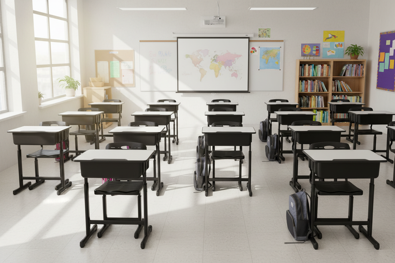 Wide Classroom with Adjustable Height Desks and Chairs